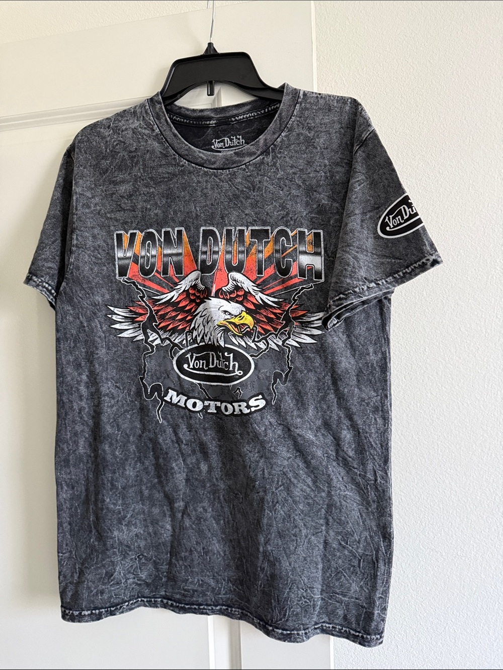 Von Dutch Black Acid-Wash Tee with Eagle Graphic and Red Accents